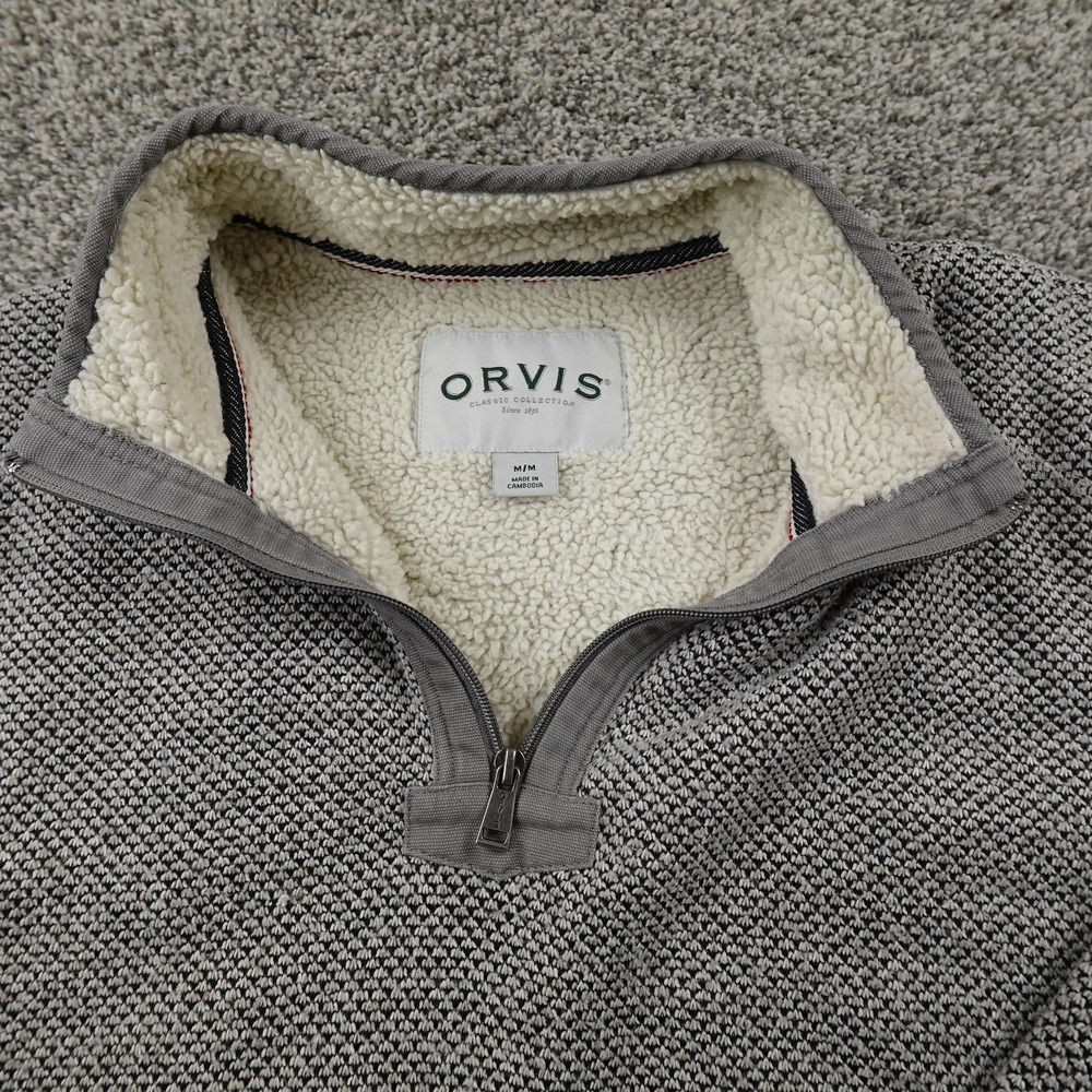 Orvis Sweater Mens M Gray‎ Sherpa Lined Pullover 1/4 Zip Fleece Outdoor Hiking